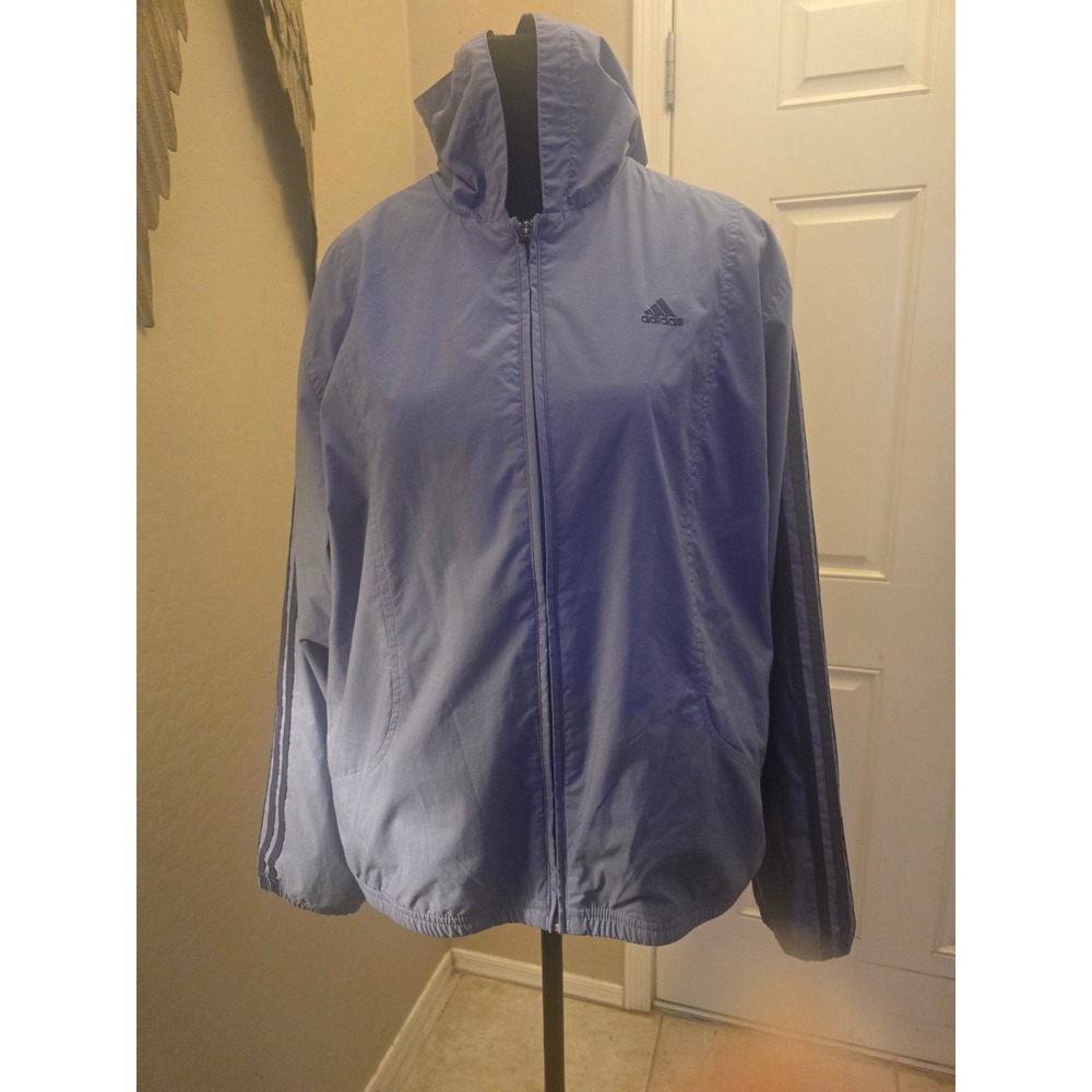 Adidas Womens Light Blue Hooded Windbreaker Jacket Mesh Lined Size Large